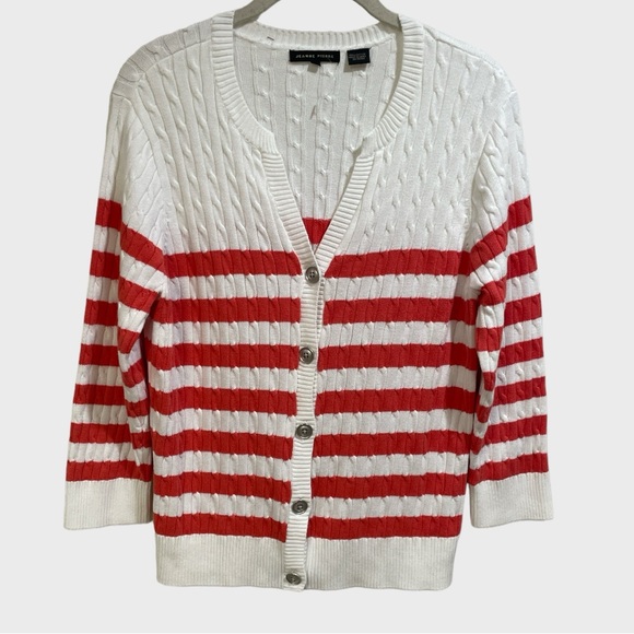 Jeanne Pierre Cable Knit Orange White Striped Cardigan Size Large (NWOT) - Picture 4 of 12